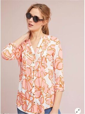 Anthropologie Maeve Pink & Orange Floral Button-Front Blouse Small